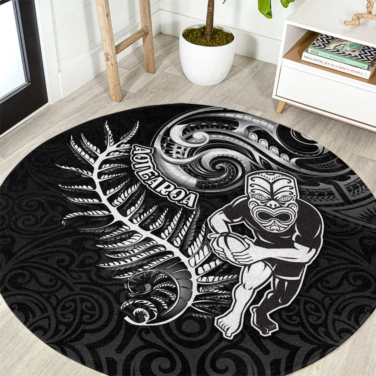 New Zealand Rugby Round Carpet Maori Warrior Rugby with Silver Fern Sleeve Tribal Ethnic Style LT03 Black - Polynesian Pride