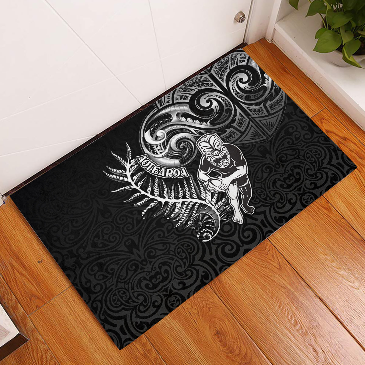 New Zealand Rugby Rubber Doormat Maori Warrior Rugby with Silver Fern Sleeve Tribal Ethnic Style LT03 Black - Polynesian Pride