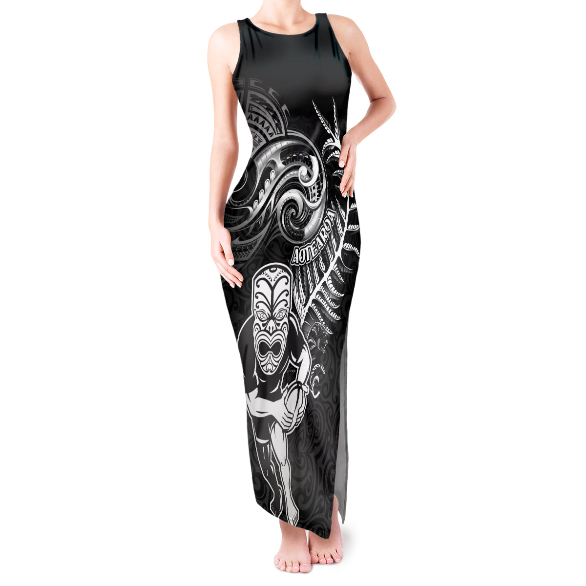 New Zealand Rugby Tank Maxi Dress Maori Warrior Rugby with Silver Fern Sleeve Tribal Ethnic Style LT03 Women Black - Polynesian Pride