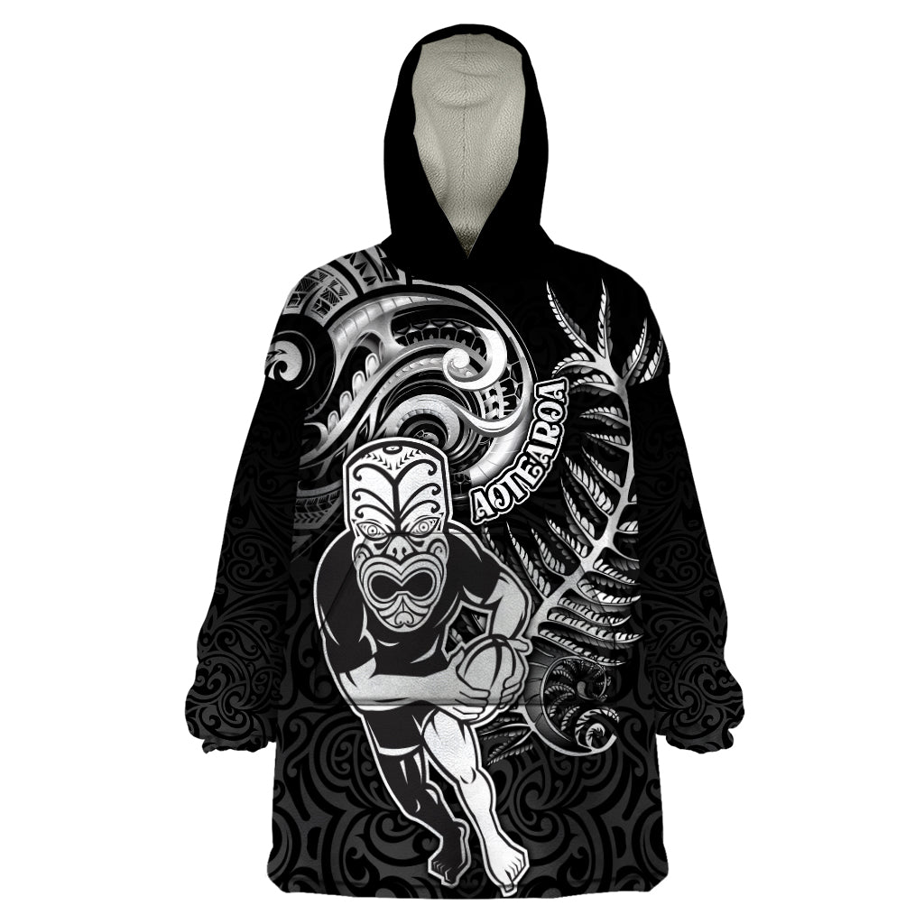 New Zealand Rugby Wearable Blanket Hoodie Maori Warrior Rugby with Silver Fern Sleeve Tribal Ethnic Style LT03 One Size Black - Polynesian Pride