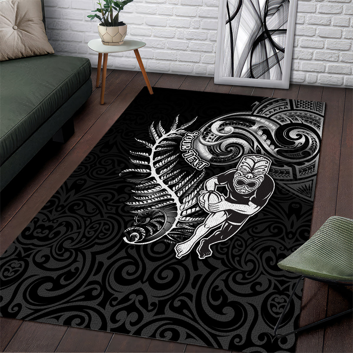 Personalised New Zealand Rugby Area Rug Maori Warrior Rugby with Silver Fern Sleeve Tribal Ethnic Style LT03 Black - Polynesian Pride