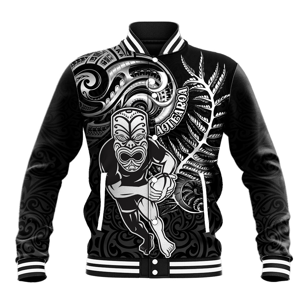 Personalised New Zealand Rugby Baseball Jacket Maori Warrior Rugby with Silver Fern Sleeve Tribal Ethnic Style LT03 Unisex Black - Polynesian Pride