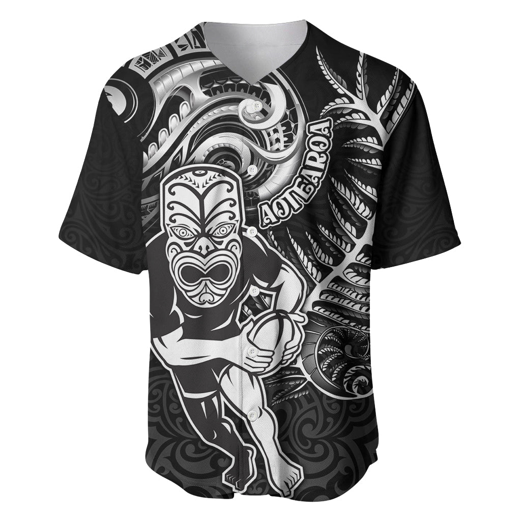 Personalised New Zealand Rugby Baseball Jersey Maori Warrior Rugby with Silver Fern Sleeve Tribal Ethnic Style LT03 Black - Polynesian Pride