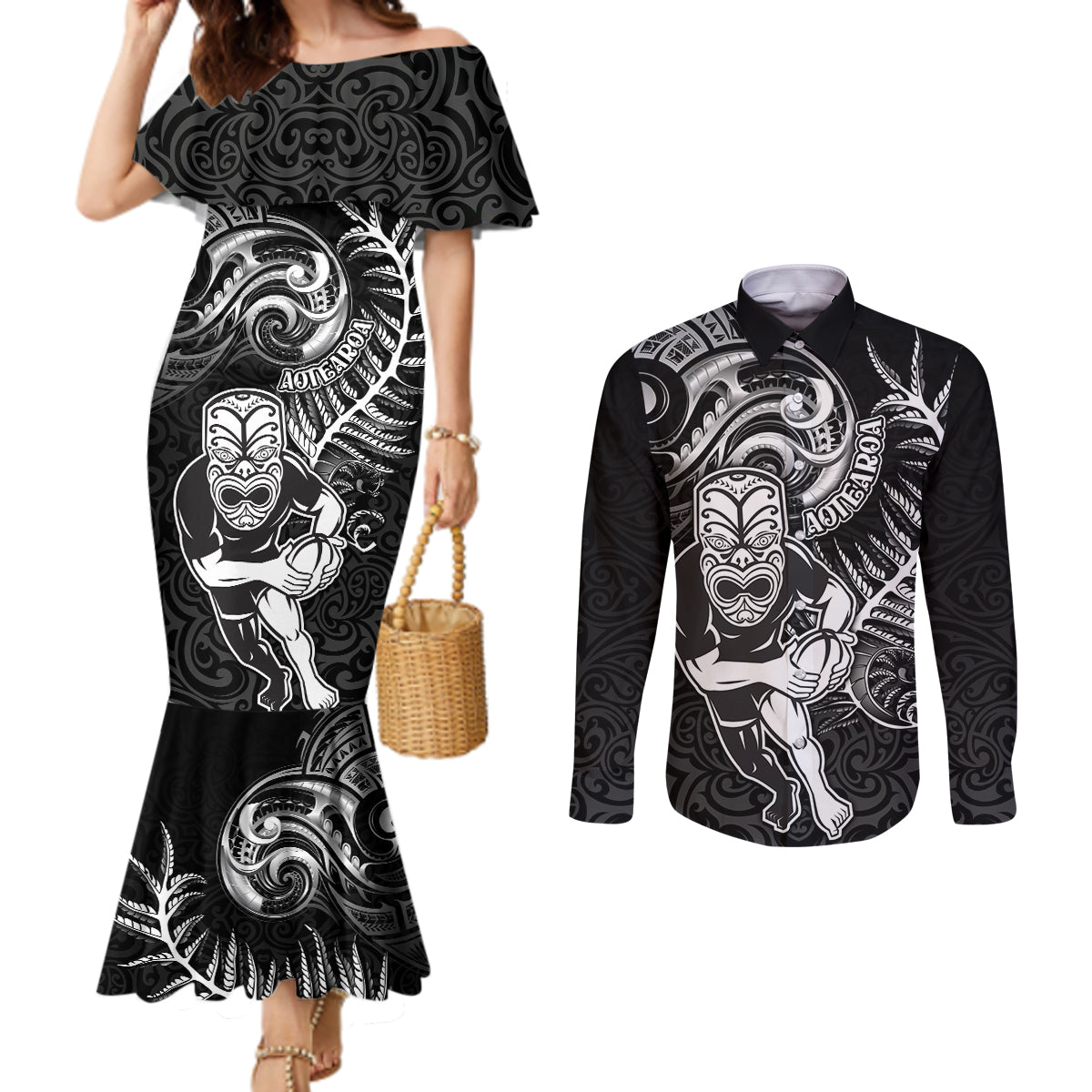 Personalised New Zealand Rugby Couples Matching Mermaid Dress and Long Sleeve Button Shirt Maori Warrior Rugby with Silver Fern Sleeve Tribal Ethnic Style LT03 Black - Polynesian Pride