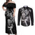 Personalised New Zealand Rugby Couples Matching Off Shoulder Maxi Dress and Long Sleeve Button Shirt Maori Warrior Rugby with Silver Fern Sleeve Tribal Ethnic Style LT03 Black - Polynesian Pride