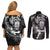 Personalised New Zealand Rugby Couples Matching Off Shoulder Short Dress and Long Sleeve Button Shirt Maori Warrior Rugby with Silver Fern Sleeve Tribal Ethnic Style LT03 - Polynesian Pride