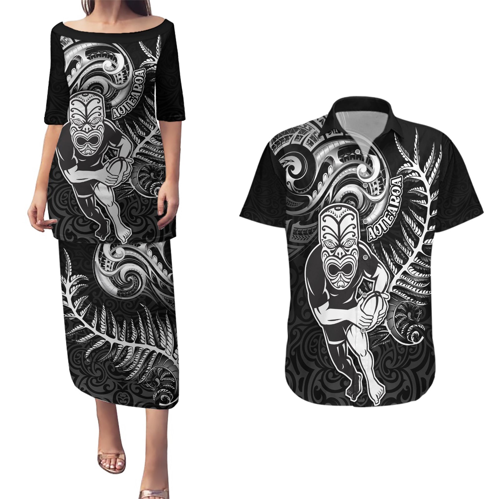 Personalised New Zealand Rugby Couples Matching Puletasi Dress and Hawaiian Shirt Maori Warrior Rugby with Silver Fern Sleeve Tribal Ethnic Style LT03 Black - Polynesian Pride