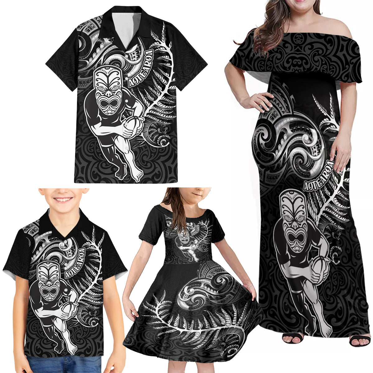 Personalised New Zealand Rugby Family Matching Off Shoulder Maxi Dress and Hawaiian Shirt Maori Warrior Rugby with Silver Fern Sleeve Tribal Ethnic Style LT03 - Polynesian Pride