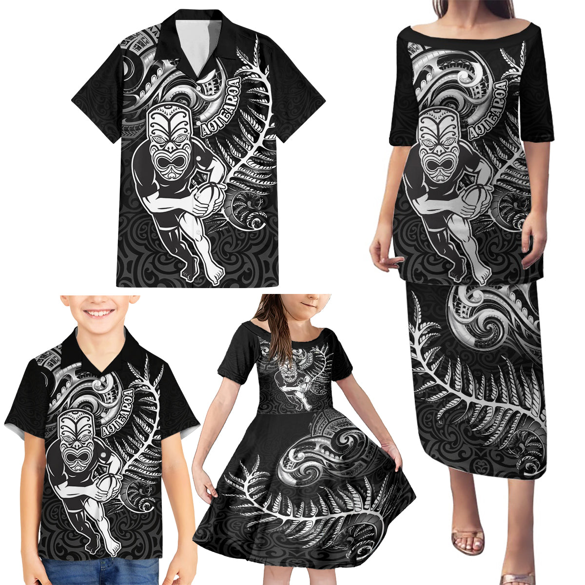 Personalised New Zealand Rugby Family Matching Puletasi Dress and Hawaiian Shirt Maori Warrior Rugby with Silver Fern Sleeve Tribal Ethnic Style LT03 - Polynesian Pride