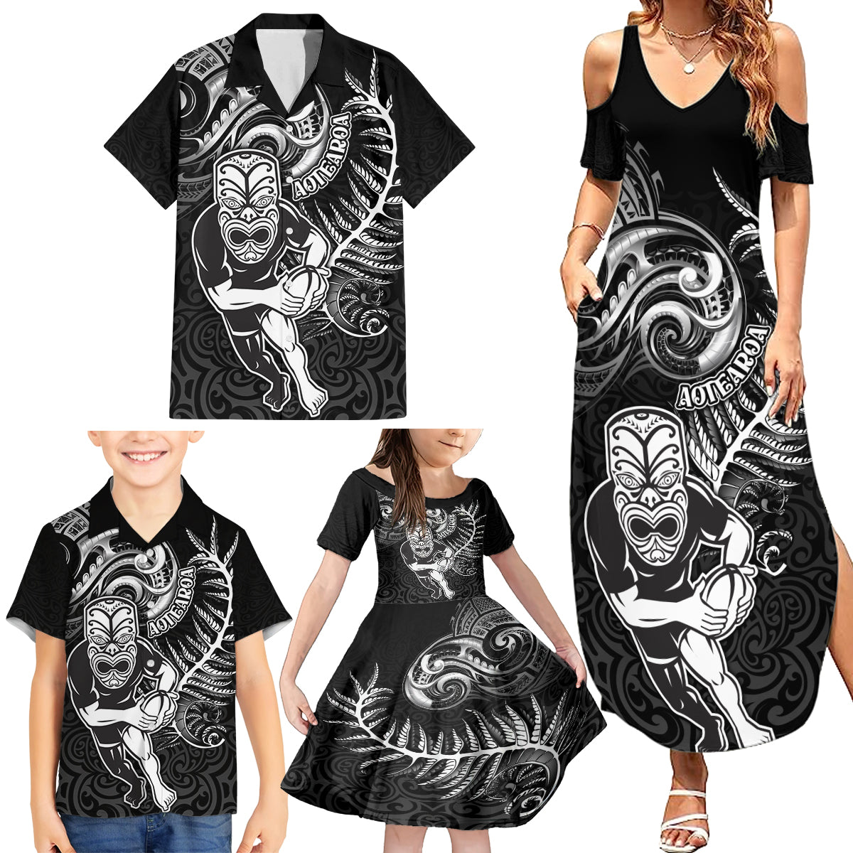 Personalised New Zealand Rugby Family Matching Summer Maxi Dress and Hawaiian Shirt Maori Warrior Rugby with Silver Fern Sleeve Tribal Ethnic Style LT03 - Polynesian Pride