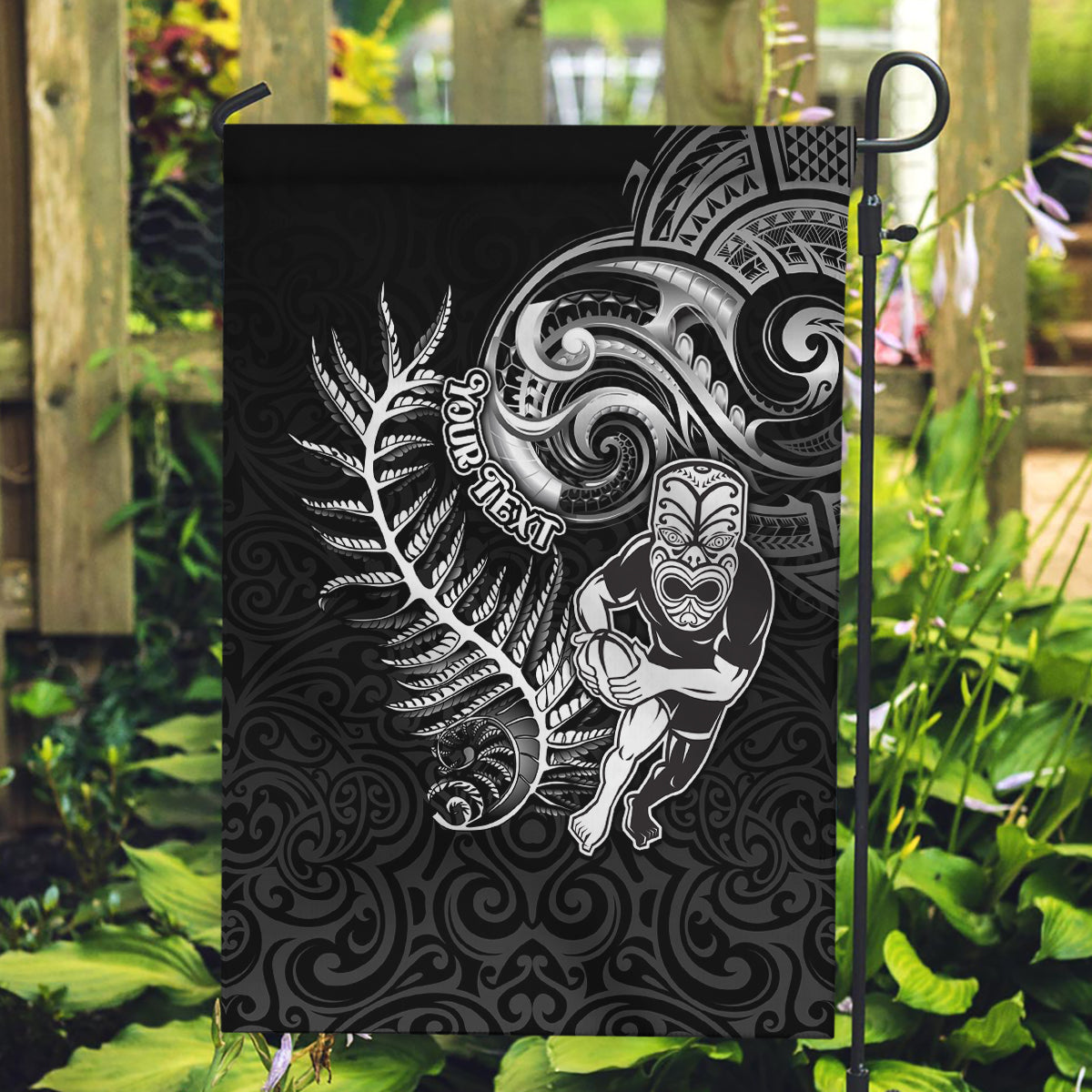 Personalised New Zealand Rugby Garden Flag Maori Warrior Rugby with Silver Fern Sleeve Tribal Ethnic Style LT03 Garden Flag Black - Polynesian Pride