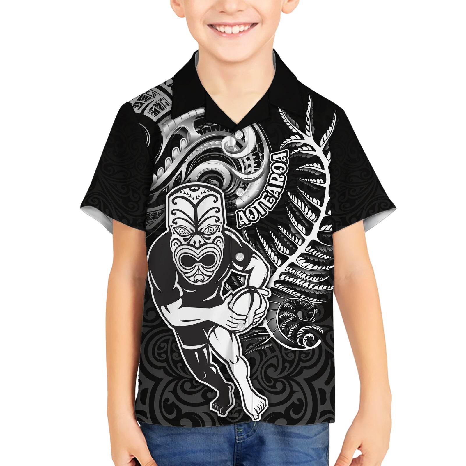 Personalised New Zealand Rugby Kid Hawaiian Shirt Maori Warrior Rugby with Silver Fern Sleeve Tribal Ethnic Style LT03 Kid Black - Polynesian Pride