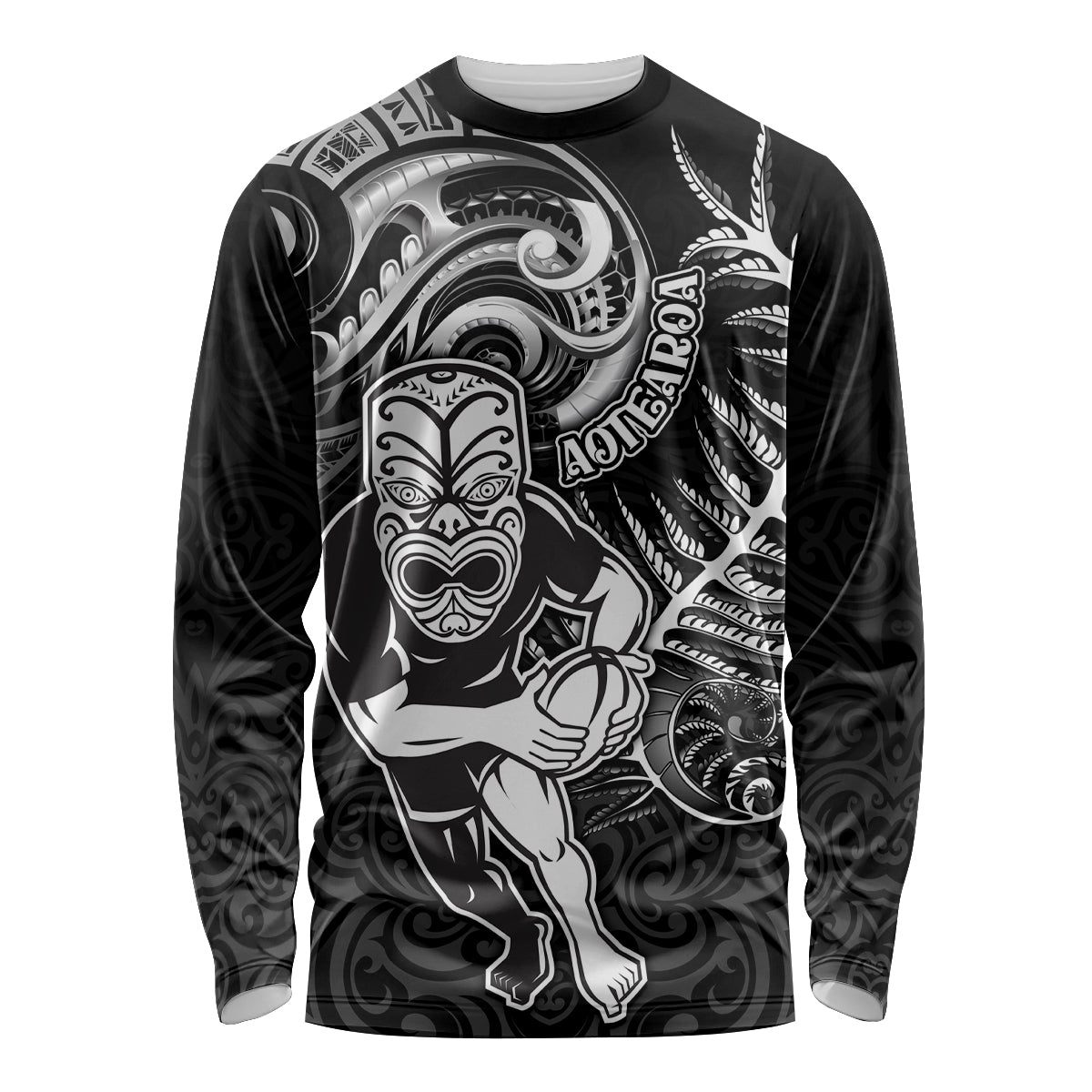 Personalised New Zealand Rugby Long Sleeve Shirt Maori Warrior Rugby with Silver Fern Sleeve Tribal Ethnic Style LT03 Unisex Black - Polynesian Pride