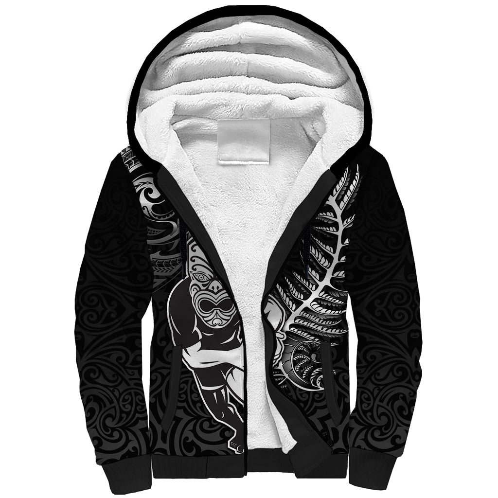 Personalised New Zealand Rugby Sherpa Hoodie Maori Warrior Rugby with Silver Fern Sleeve Tribal Ethnic Style LT03 Unisex Black - Polynesian Pride