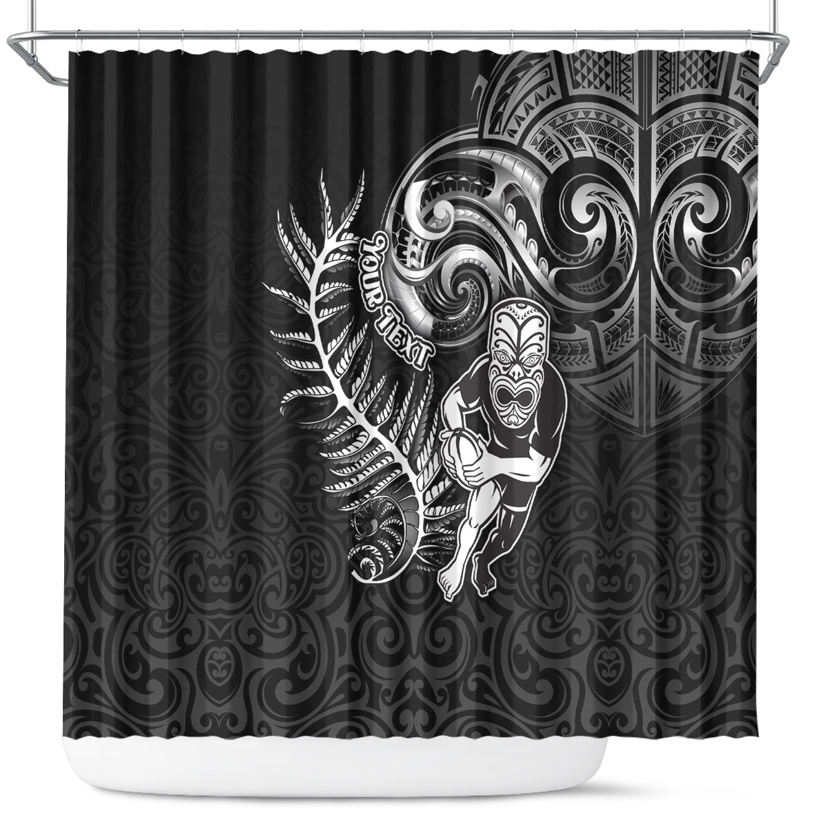 Personalised New Zealand Rugby Shower Curtain Maori Warrior Rugby with Silver Fern Sleeve Tribal Ethnic Style LT03 Black - Polynesian Pride