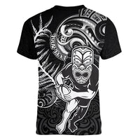 Personalised New Zealand Rugby Women V Neck T Shirt Maori Warrior Rugby with Silver Fern Sleeve Tribal Ethnic Style LT03 - Polynesian Pride