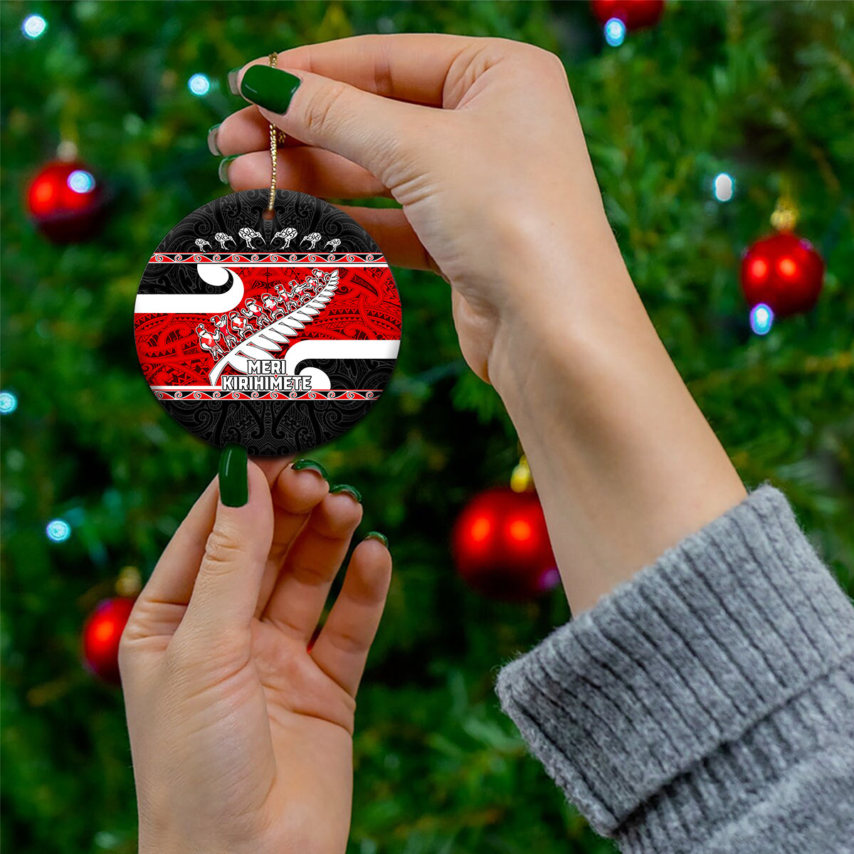 Personalized New Zealand Christmas Ceramic Ornament Santa Haka Fern and Kiwi Bird Tino Rangatiratanga Maori Flag Style LT03 - Polynesian Pride