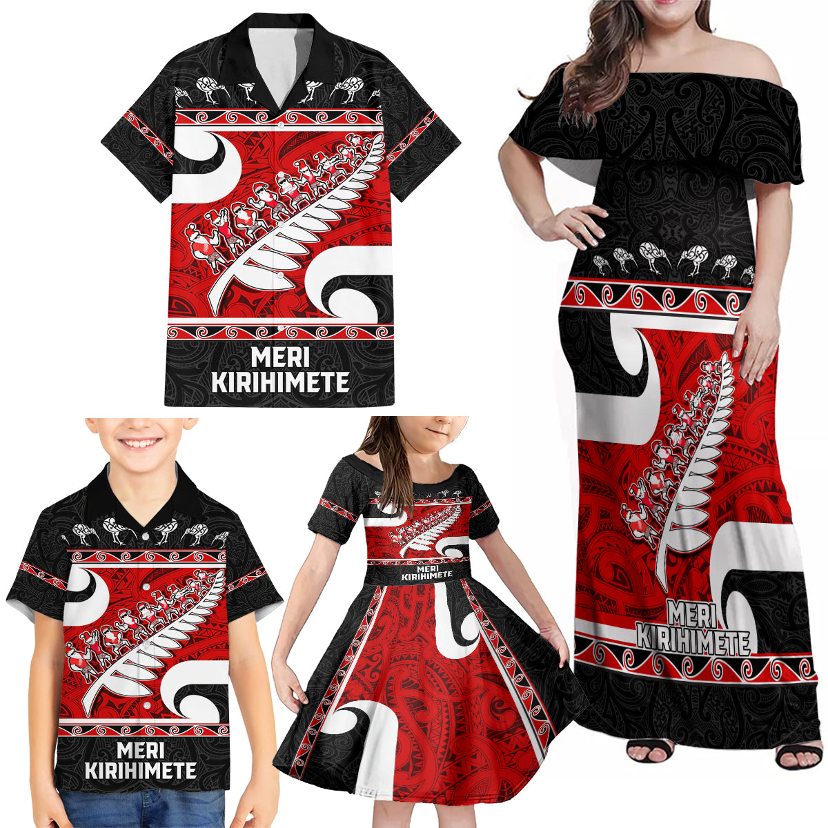 Personalized New Zealand Christmas Family Matching Off Shoulder Maxi Dress and Hawaiian Shirt Santa Haka Fern and Kiwi Bird Tino Rangatiratanga Maori Flag Style LT03 - Polynesian Pride