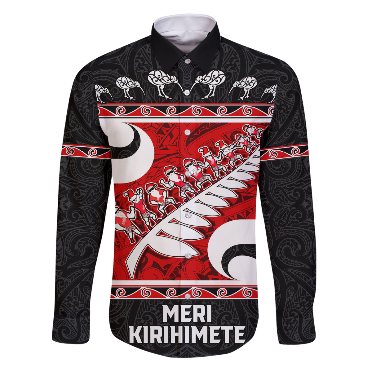 Personalized New Zealand Christmas Family Matching Puletasi Dress and Hawaiian Shirt Santa Haka Fern and Kiwi Bird Tino Rangatiratanga Maori Flag Style LT03 Dad's Shirt - Long Sleeve Black - Polynesian Pride