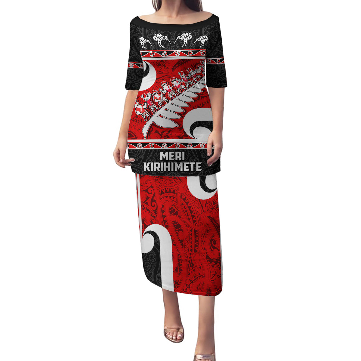 Personalized New Zealand Christmas Family Matching Puletasi Dress and Hawaiian Shirt Santa Haka Fern and Kiwi Bird Tino Rangatiratanga Maori Flag Style LT03 Mom's Dress Black - Polynesian Pride