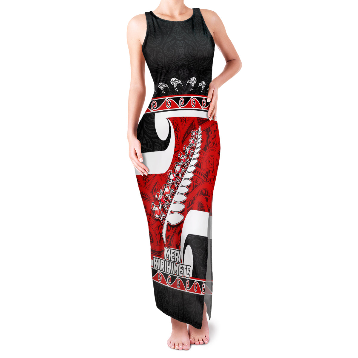Personalized New Zealand Christmas Family Matching Tank Maxi Dress and Hawaiian Shirt Santa Haka Fern and Kiwi Bird Tino Rangatiratanga Maori Flag Style LT03 Mom's Dress Black - Polynesian Pride