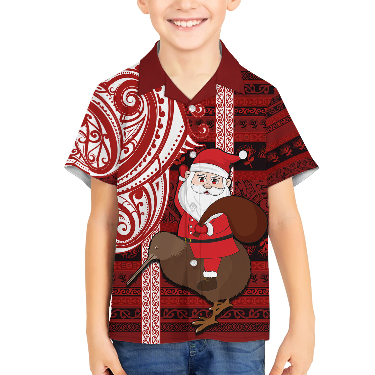 Personalized New Zealand Christmas Family Matching Off Shoulder Short Dress and Hawaiian Shirt Santa Claus and Kiwi Bird Maori Tattoo Koru Pattern LT03 Son's Shirt Red - Polynesian Pride