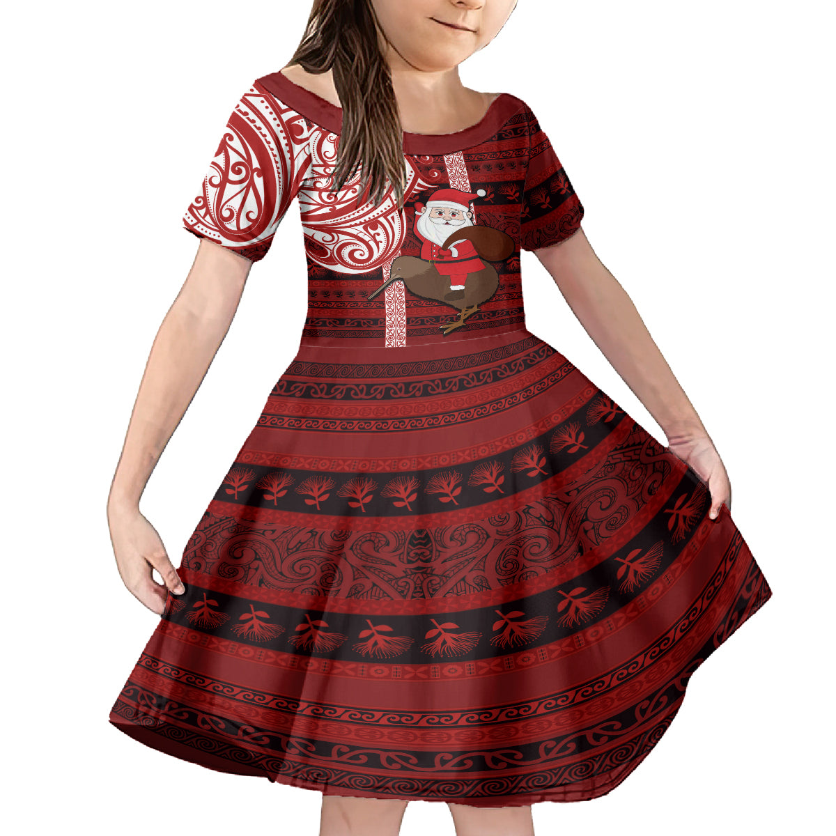Personalized New Zealand Christmas Family Matching Puletasi Dress and Hawaiian Shirt Santa Claus and Kiwi Bird Maori Tattoo Koru Pattern LT03 Daughter's Dress Red - Polynesian Pride