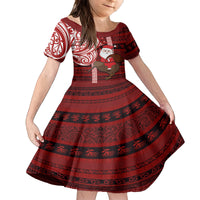 Personalized New Zealand Christmas Family Matching Puletasi Dress and Hawaiian Shirt Santa Claus and Kiwi Bird Maori Tattoo Koru Pattern LT03 Daughter's Dress Red - Polynesian Pride