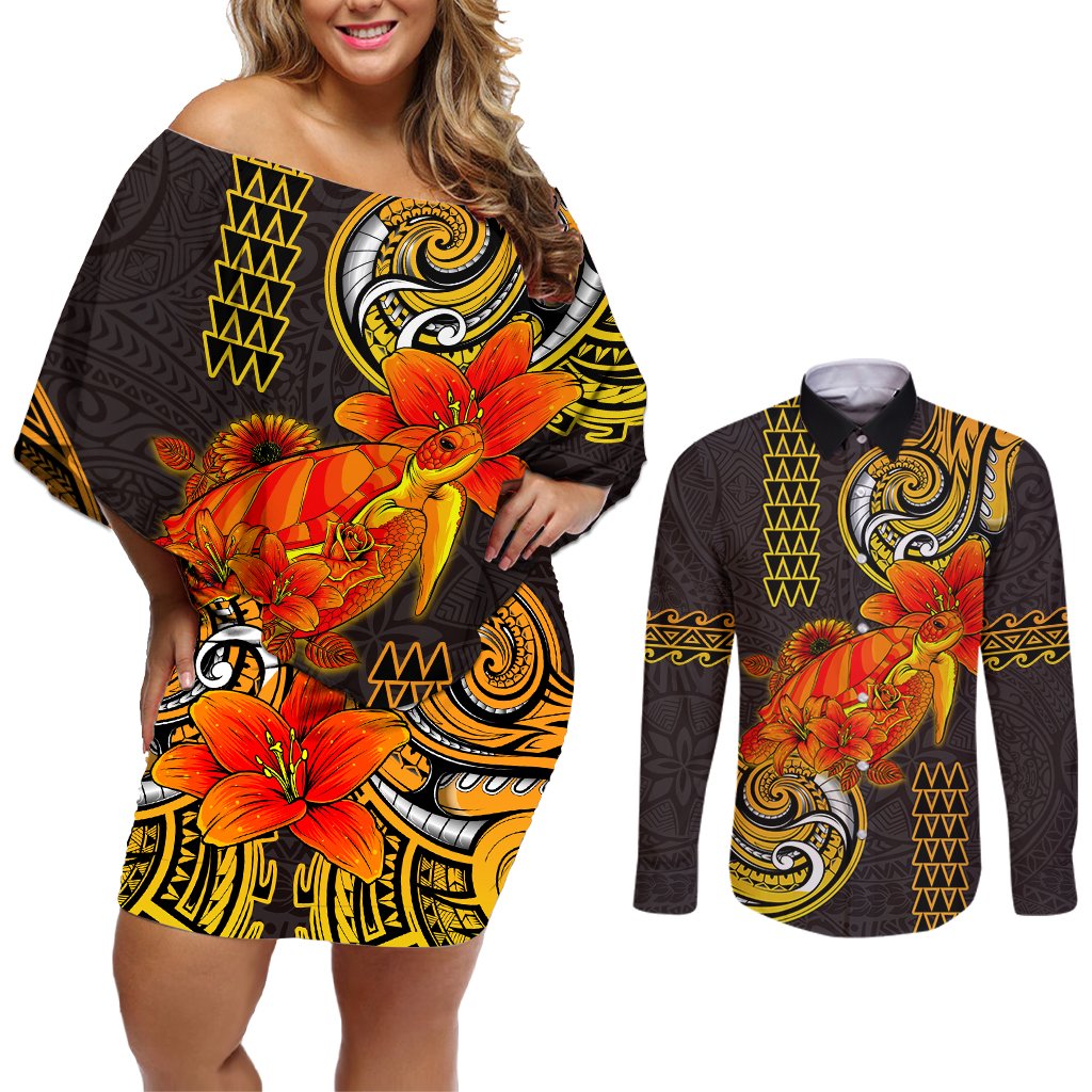 Hawaii Turtle Hibiscus Flower Couples Matching Off Shoulder Short Dress and Long Sleeve Button Shirt Polynesian Tattoo LT03 Black - Polynesian Pride