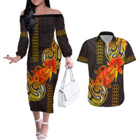 Hawaii Turtle Hibiscus Flower Couples Matching Off The Shoulder Long Sleeve Dress and Hawaiian Shirt Polynesian Tattoo LT03 Black - Polynesian Pride