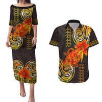 Hawaii Turtle Hibiscus Flower Couples Matching Puletasi and Hawaiian Shirt Polynesian Tattoo LT03 Black - Polynesian Pride