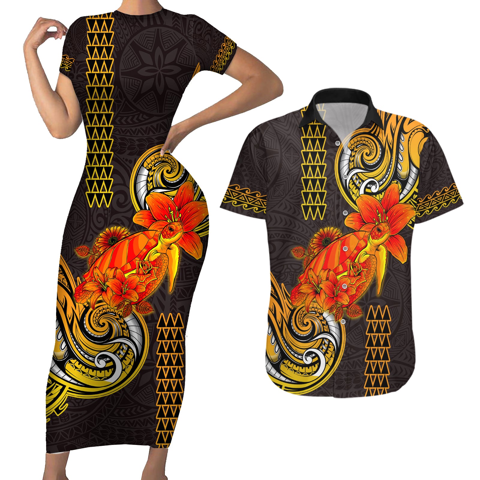 Hawaii Turtle Hibiscus Flower Couples Matching Short Sleeve Bodycon Dress and Hawaiian Shirt Polynesian Tattoo LT03 Black - Polynesian Pride