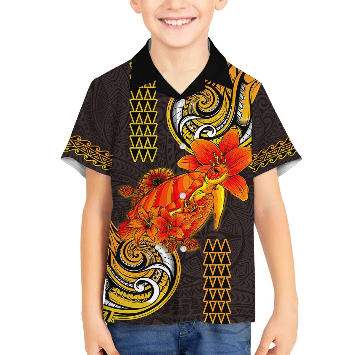 Hawaii Turtle Hibiscus Flower Family Matching Tank Maxi Dress and Hawaiian Shirt Polynesian Tattoo LT03 Son's Shirt Black - Polynesian Pride