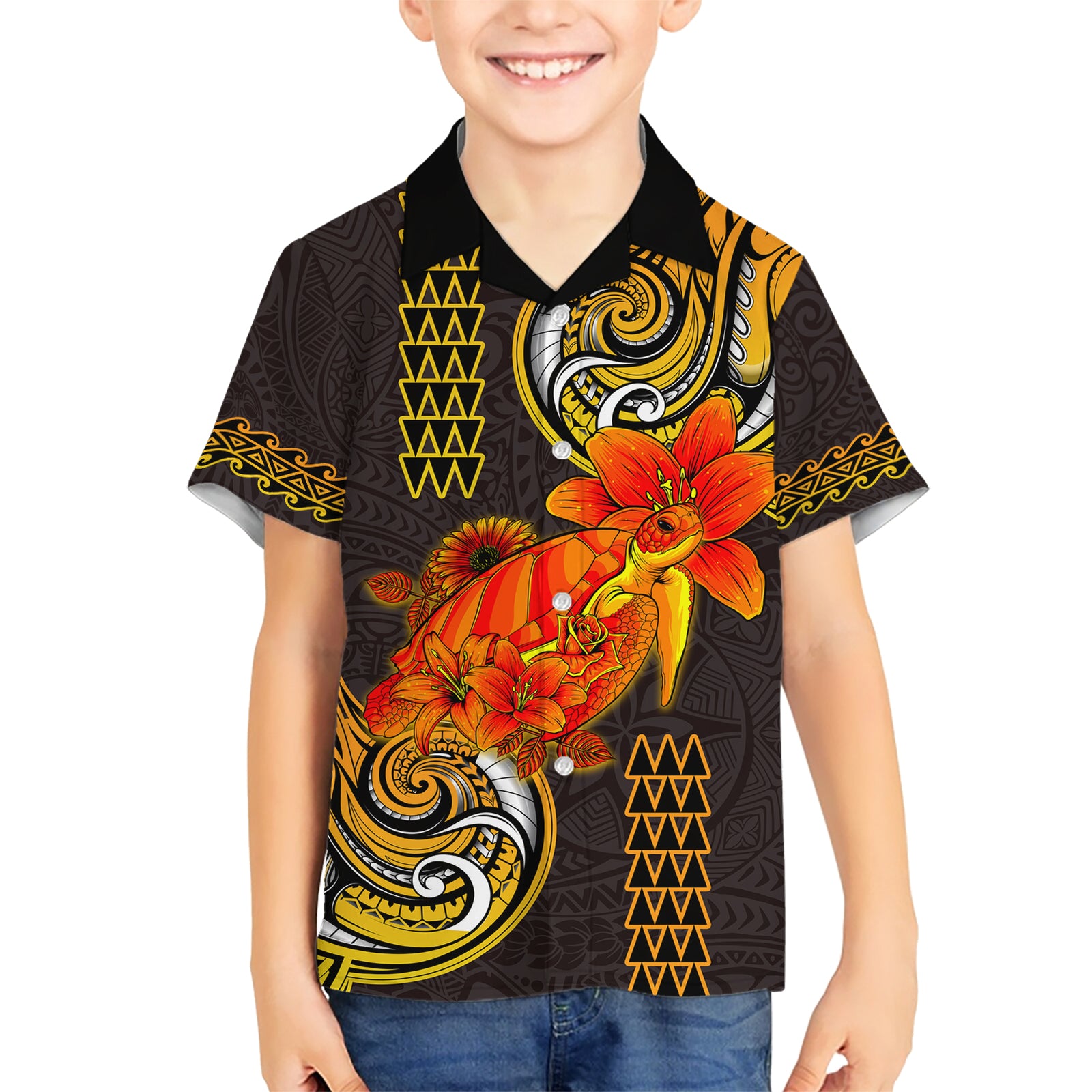 Hawaii Turtle Hibiscus Flower Kid Hawaiian Shirt Polynesian Tattoo LT03 Kid Black - Polynesian Pride