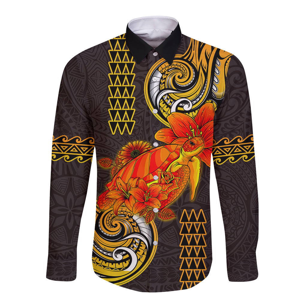Hawaii Turtle Hibiscus Flower Long Sleeve Button Shirt Polynesian Tattoo LT03 Unisex Black - Polynesian Pride
