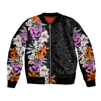 Hawaii Tropical Leaves and Flowers Bomber Jacket Tribal Polynesian Pattern LT03 Unisex Black - Polynesian Pride