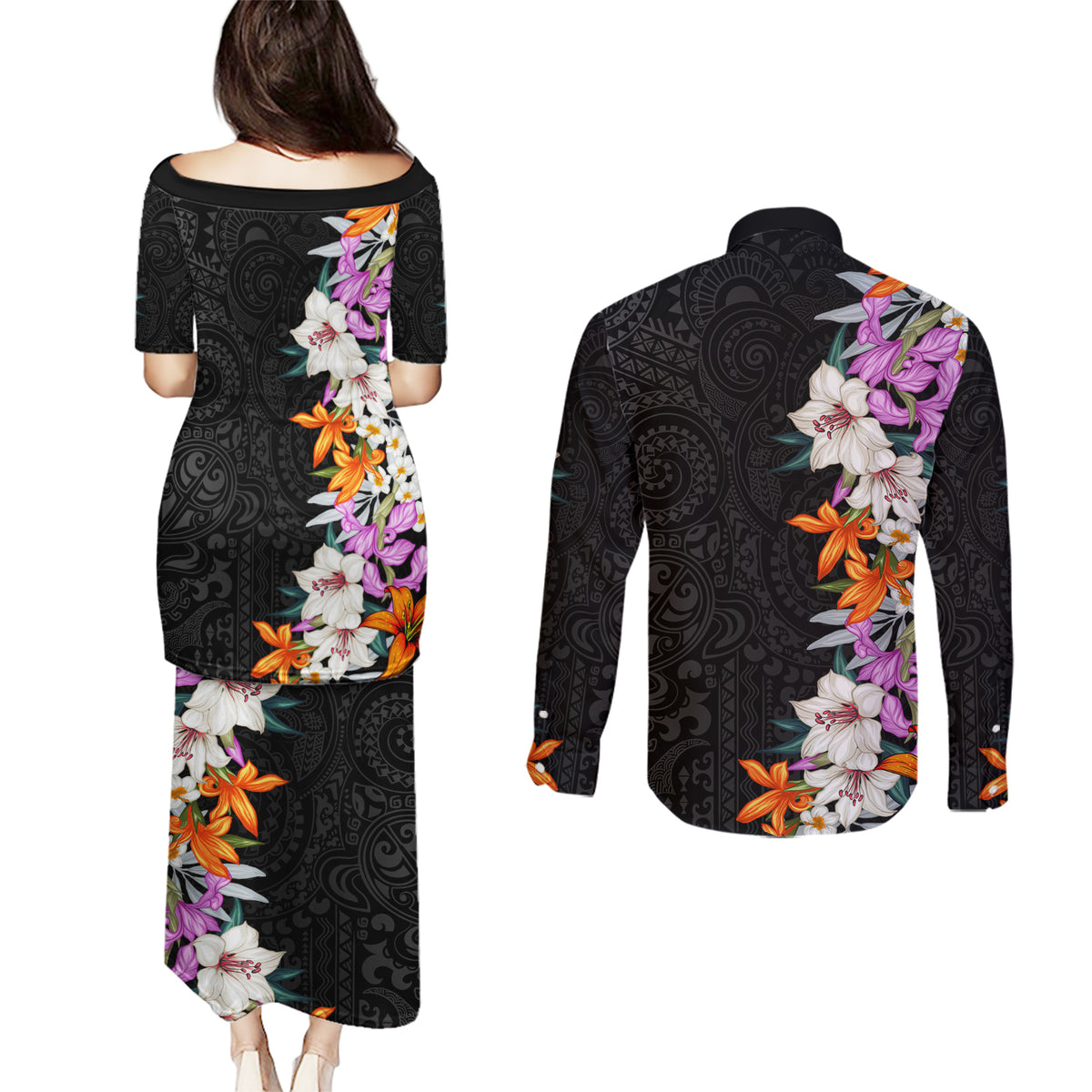 Hawaii Tropical Leaves and Flowers Couples Matching Puletasi and Long Sleeve Button Shirt Tribal Polynesian Pattern LT03 - Polynesian Pride
