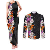 Hawaii Tropical Leaves and Flowers Couples Matching Tank Maxi Dress and Long Sleeve Button Shirt Tribal Polynesian Pattern LT03 Black - Polynesian Pride