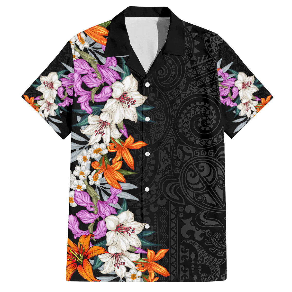 Hawaii Tropical Leaves and Flowers Family Matching Long Sleeve Bodycon Dress and Hawaiian Shirt Tribal Polynesian Pattern LT03 Dad's Shirt - Short Sleeve Black - Polynesian Pride
