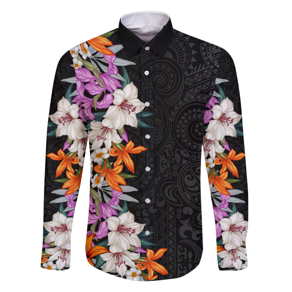 Hawaii Tropical Leaves and Flowers Family Matching Mermaid Dress and Hawaiian Shirt Tribal Polynesian Pattern LT03 Dad's Shirt - Long Sleeve Black - Polynesian Pride