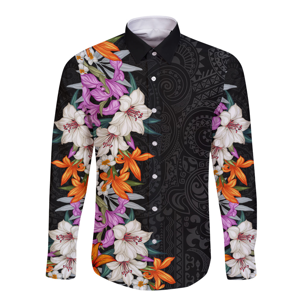 Hawaii Tropical Leaves and Flowers Long Sleeve Button Shirt Tribal Polynesian Pattern LT03 Unisex Black - Polynesian Pride