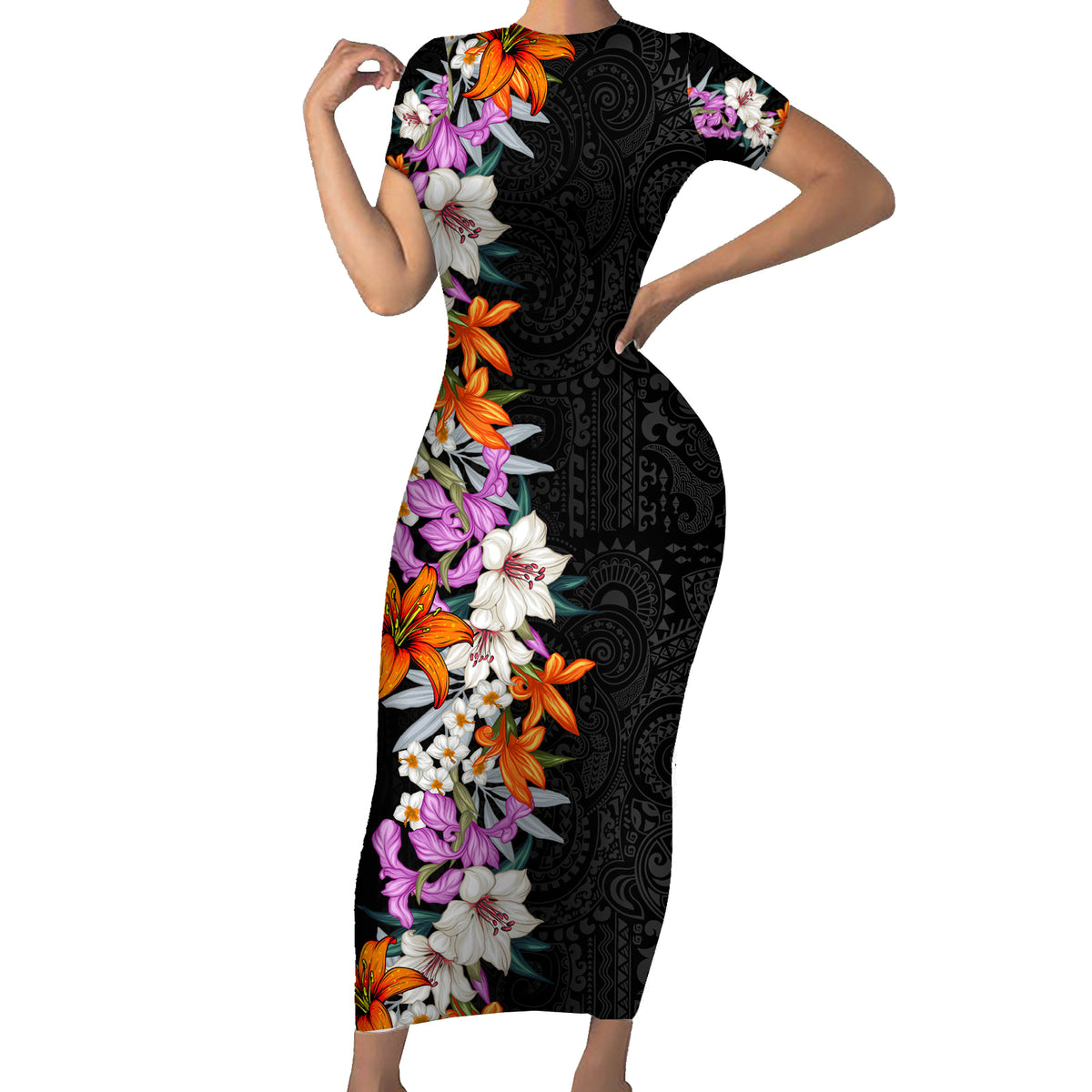 Hawaii Tropical Leaves and Flowers Short Sleeve Bodycon Dress Tribal Polynesian Pattern LT03 Long Dress Black - Polynesian Pride