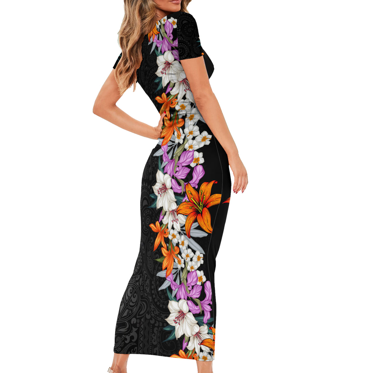 Hawaii Tropical Leaves and Flowers Short Sleeve Bodycon Dress Tribal Polynesian Pattern LT03 - Polynesian Pride