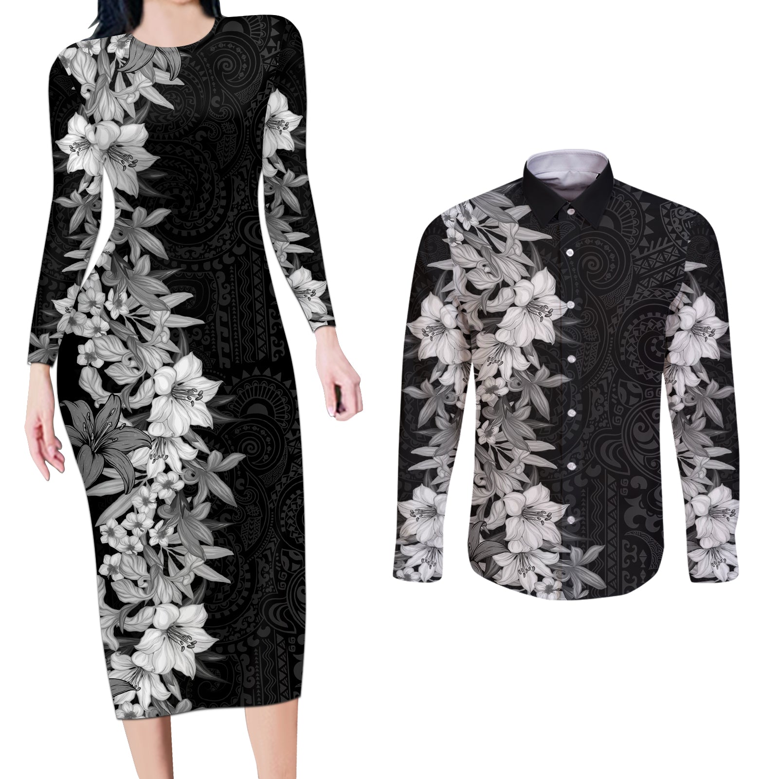 Hawaii Tropical Leaves and Flowers Couples Matching Long Sleeve Bodycon Dress and Long Sleeve Button Shirt Tribal Polynesian Pattern Black White Style LT03 Black - Polynesian Pride