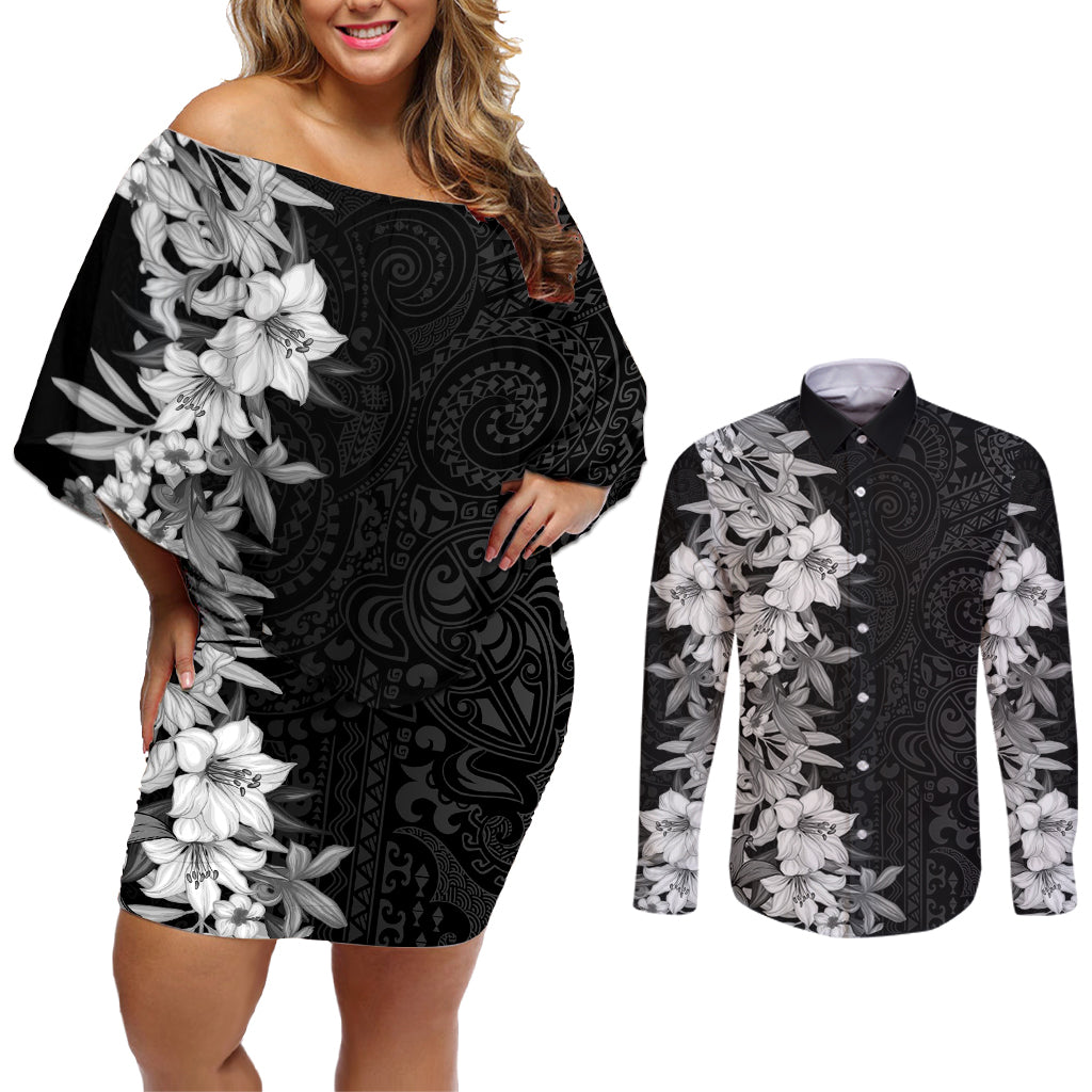 Hawaii Tropical Leaves and Flowers Couples Matching Off Shoulder Short Dress and Long Sleeve Button Shirt Tribal Polynesian Pattern Black White Style LT03 Black - Polynesian Pride