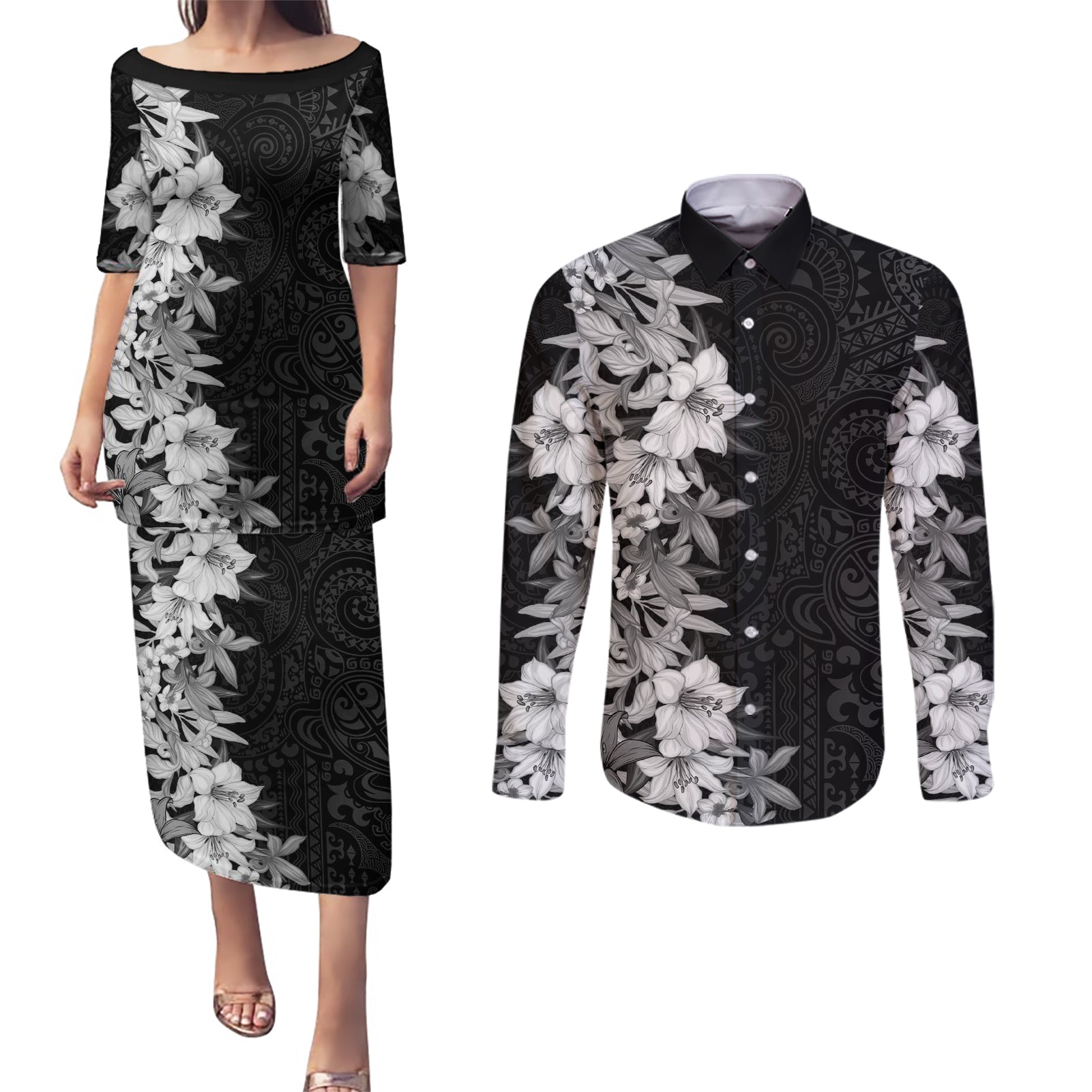 Hawaii Tropical Leaves and Flowers Couples Matching Puletasi and Long Sleeve Button Shirt Tribal Polynesian Pattern Black White Style LT03 Black - Polynesian Pride