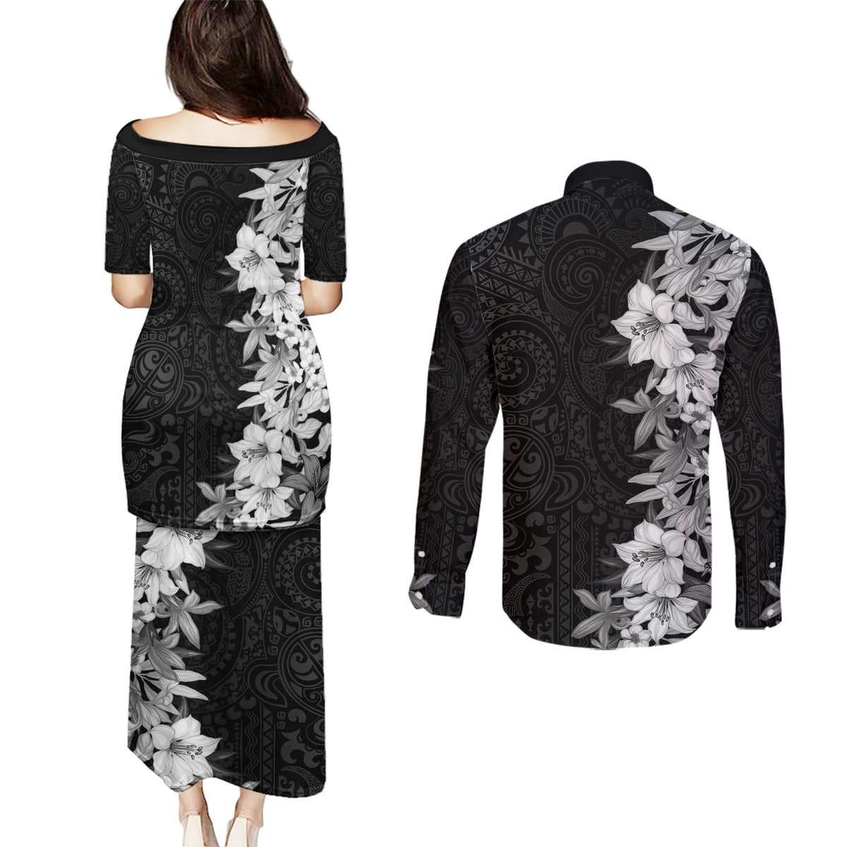 Hawaii Tropical Leaves and Flowers Couples Matching Puletasi and Long Sleeve Button Shirt Tribal Polynesian Pattern Black White Style LT03 - Polynesian Pride