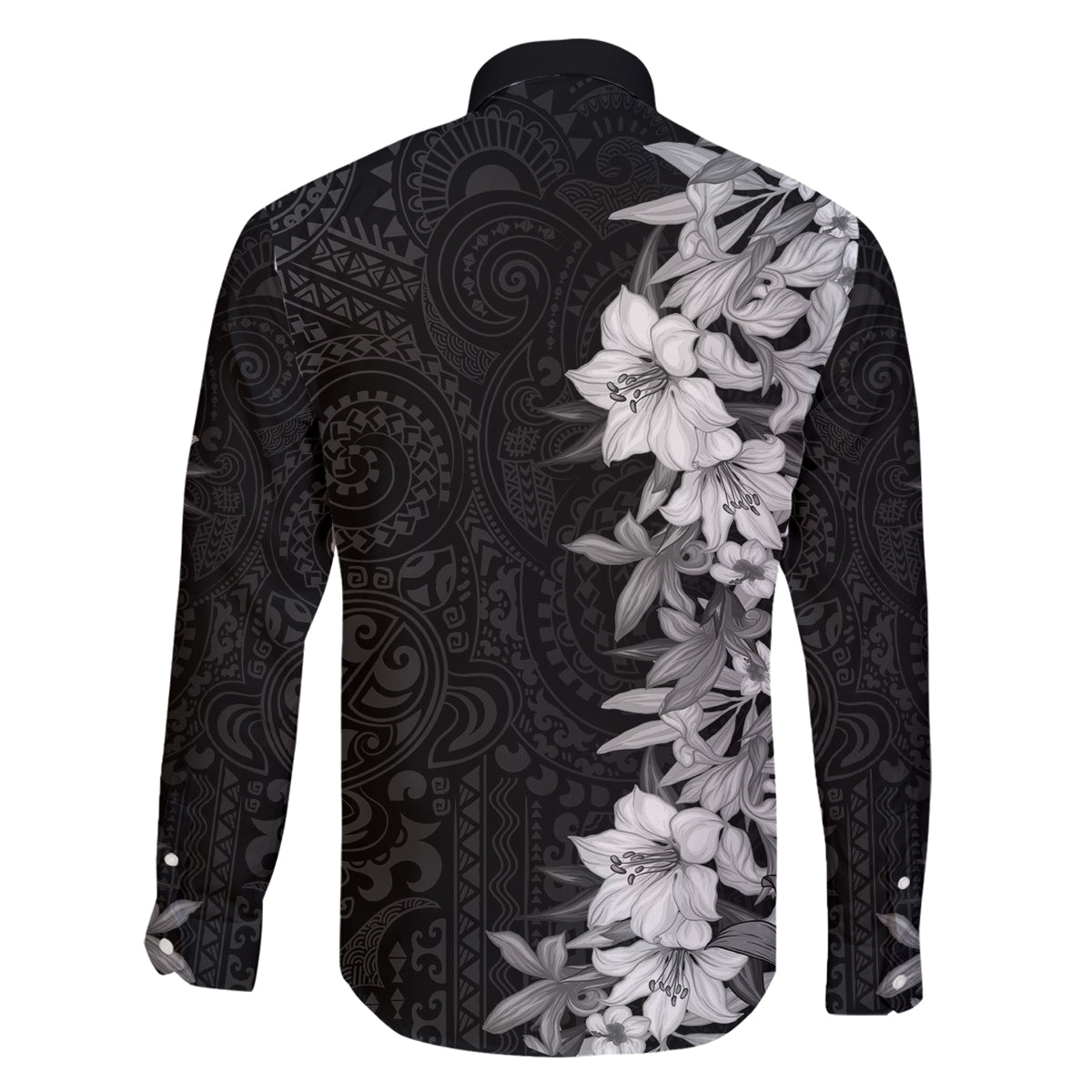 Hawaii Tropical Leaves and Flowers Family Matching Off Shoulder Long Sleeve Dress and Hawaiian Shirt Tribal Polynesian Pattern Black White Style LT03 - Polynesian Pride