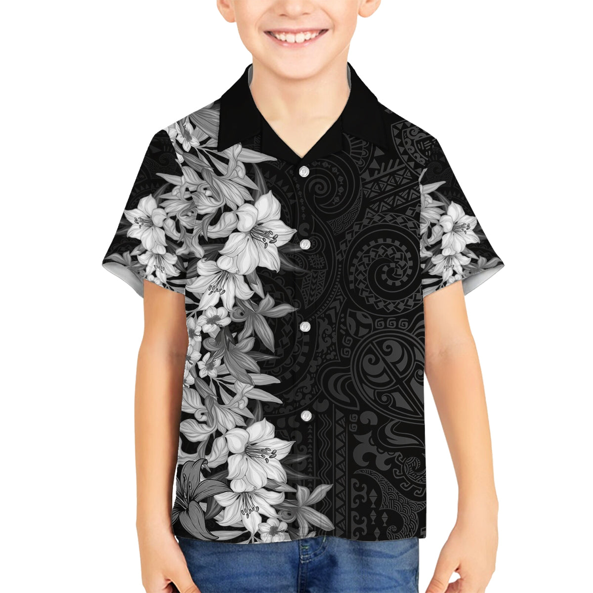 Hawaii Tropical Leaves and Flowers Family Matching Tank Maxi Dress and Hawaiian Shirt Tribal Polynesian Pattern Black White Style LT03 Son's Shirt Black - Polynesian Pride