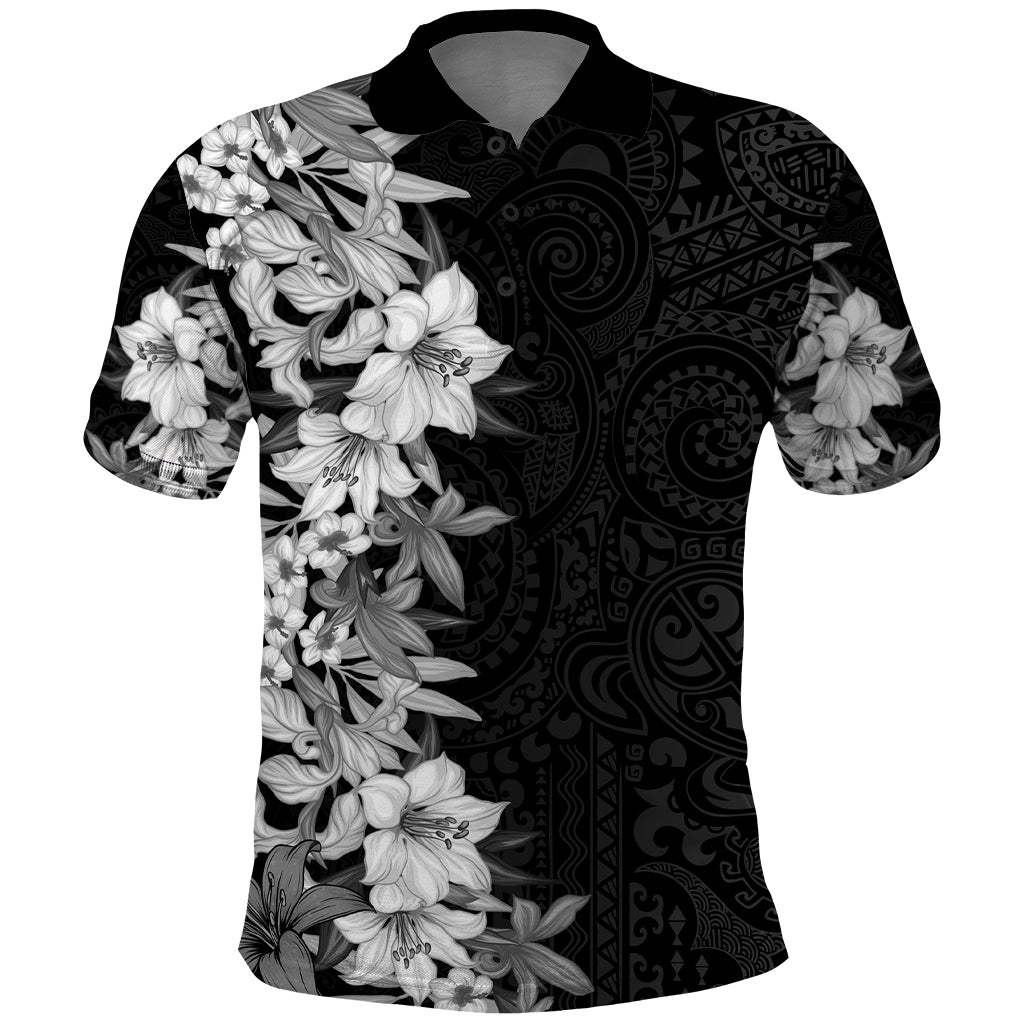 Hawaii Tropical Leaves and Flowers Polo Shirt Tribal Polynesian Pattern Black White Style LT03 Black - Polynesian Pride